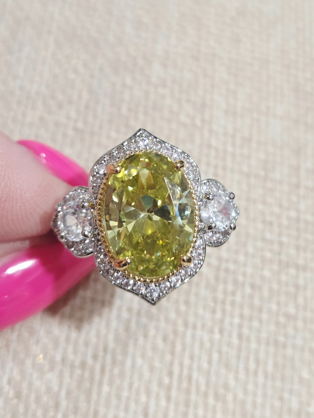 Green Center Oval Halo Ring with Side Stones~size 9